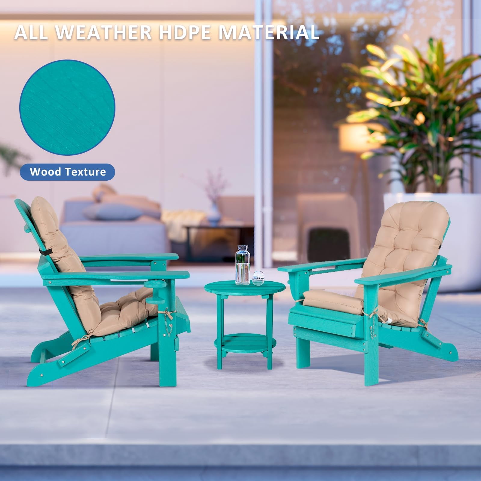 Nalone Adirondack Chair with Table, Cushion & Cup Holder, HDPE Folding Adirondack Chair with Wood-Like Grain Outdoor Fire Pit Chairs for Patio/Porch/Swimming Pool/Camping(Aruba)