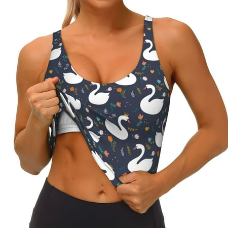Qokaie Swan And Flowers1 Pattern Womens Scoop Neck Sports Bra Breathable Workout Vest Padded U Back Medium Impact Fitness Gym Yoga Bra Workout Crop Top