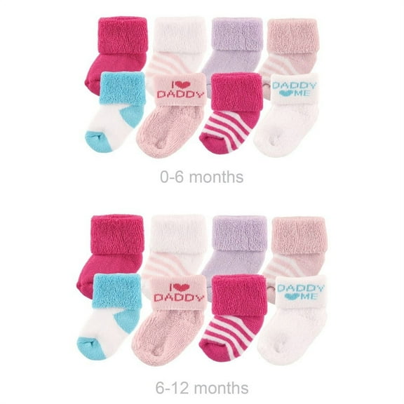 Luvable Friends Infant Girl Grow with Me Cotton Terry Socks, Pink Dad, 0-6 and 6-12 Months