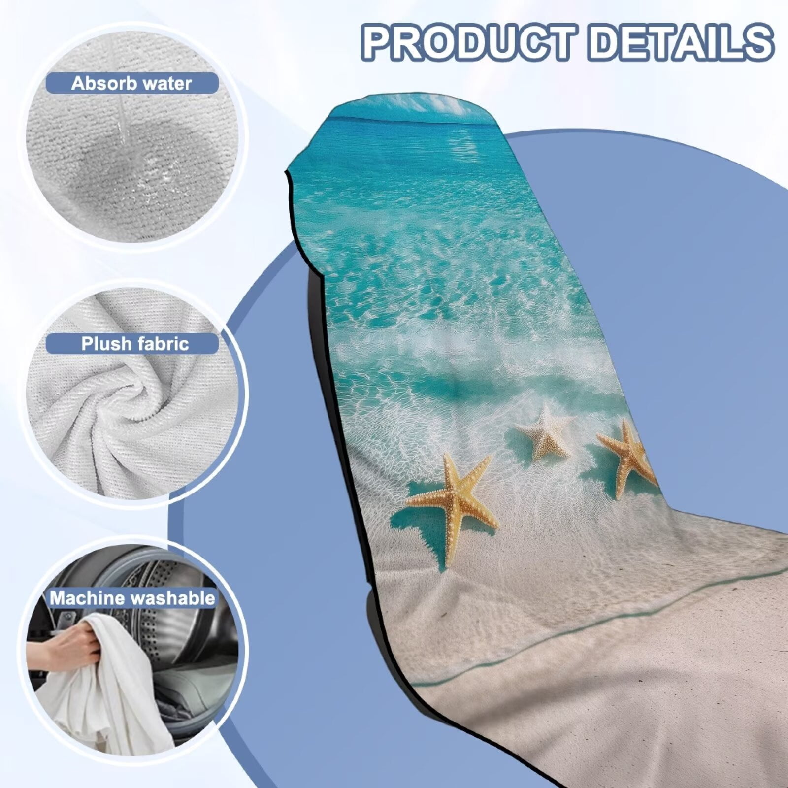 Binienty Beach Starfish Car Seat Towel Cover After Gym Workout Beach Swimming Sweating Car Seat Cover Fits for Car SUV Sedan Truck Front Seats