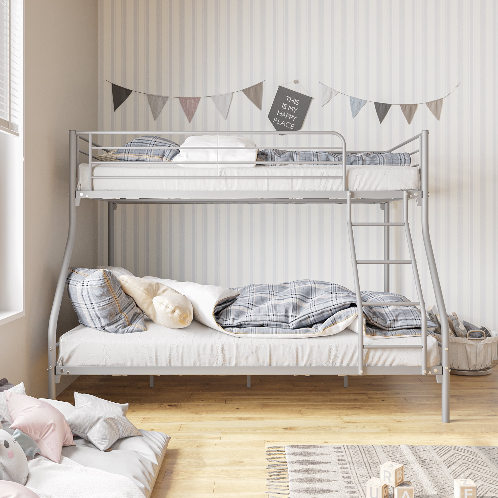 Suzicca Heavy Duty Twin-Over-Full Metal Bunk Bed, Easy Assembly with Enhanced Upper-Level Guardrail, Silver