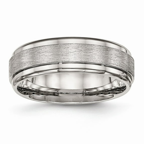 Stainless Steel Brushed and Polished Ridged Edge Ring (7mm) - Size 8.5