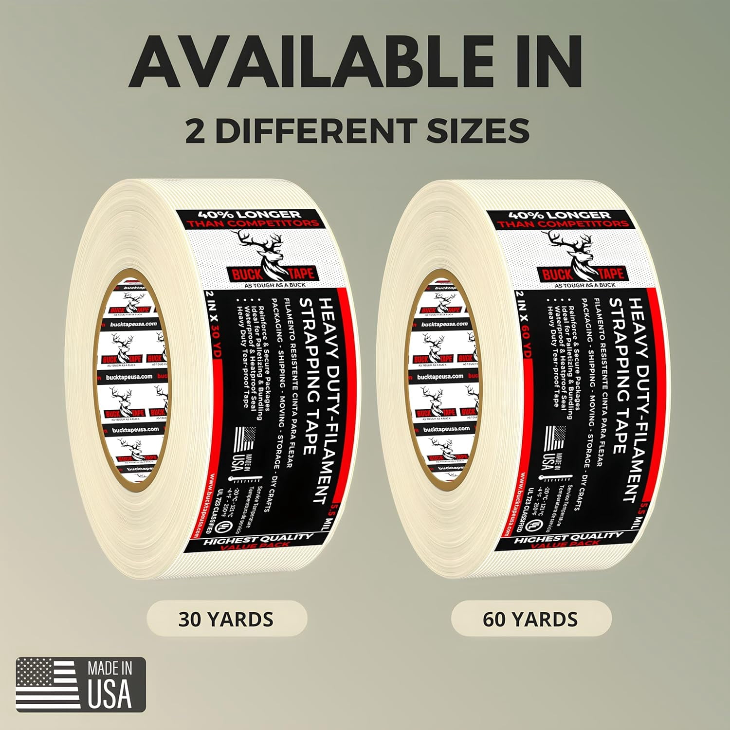 6 Pack Buck Strapping Tape 2 Inch x 60 Yds (180ft) - 5.5Mil Thickness, Heavy Duty Industrial Grade Mono Directional Fiberglass Reinforced Filament Tape with Synthetic PET Adhesive for Secure Packing