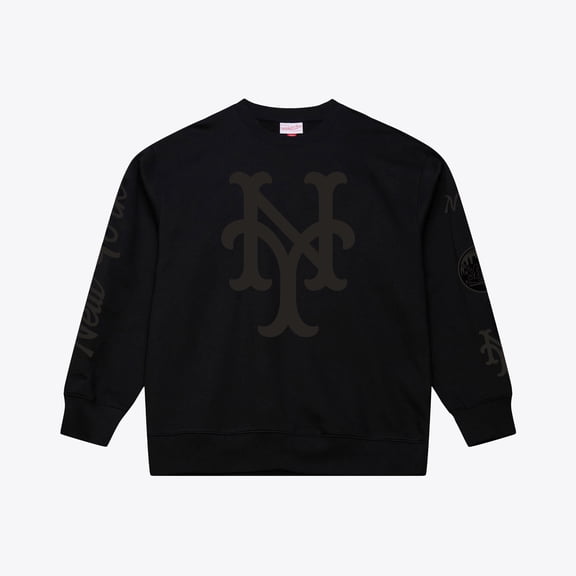 Men's Mitchell & Ness  Black New York Mets Phantom Fleece Crewneck Sweatshirt