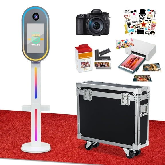 Mirror Photo Booth with Camera and Printer, DSLR Photo Booth with 15.6" Touch Screen, Built-in Mini PC, Flight Case, App Control – Perfect for Weddings, Parties and Event Rentals (White)