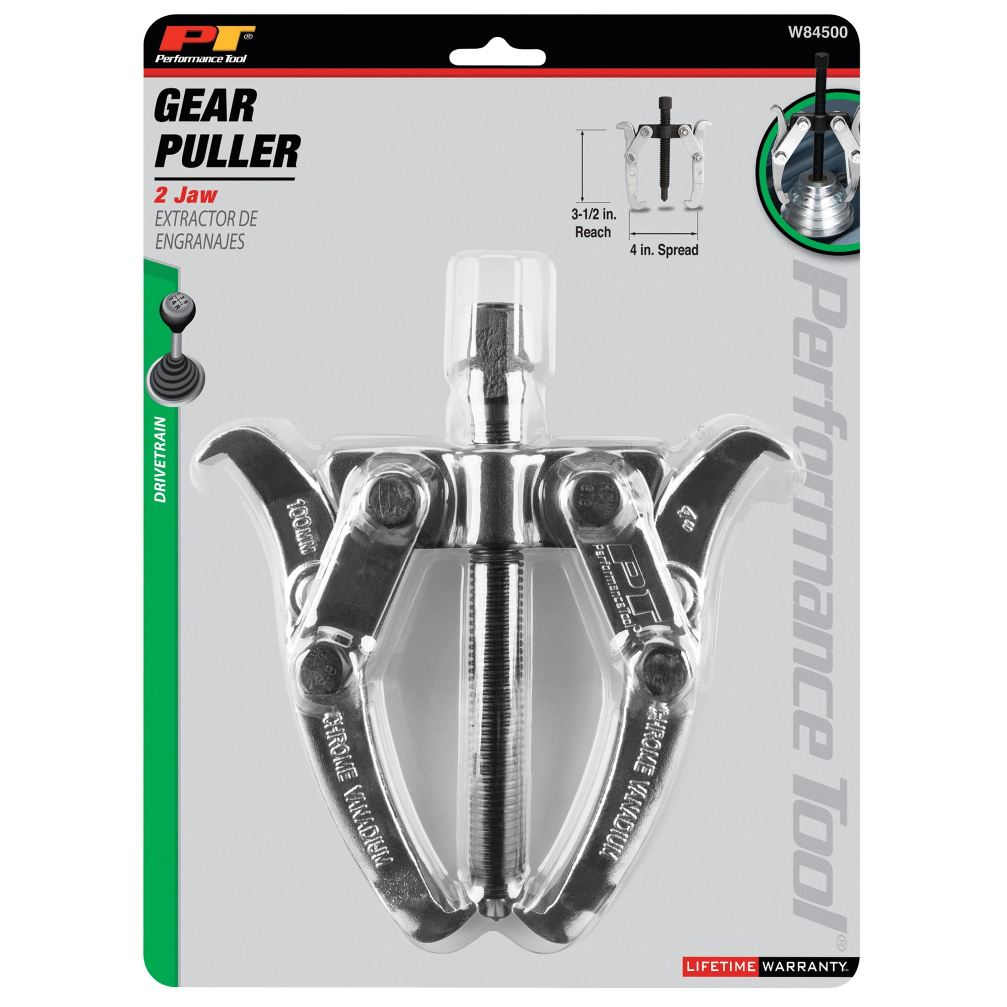 Performance Tool W84500 4-Inch 2 Jaw Gear Puller Removal Tool for Gears, Pulley, and Flywheel  (4" Spread, 3-1/2 Reach)