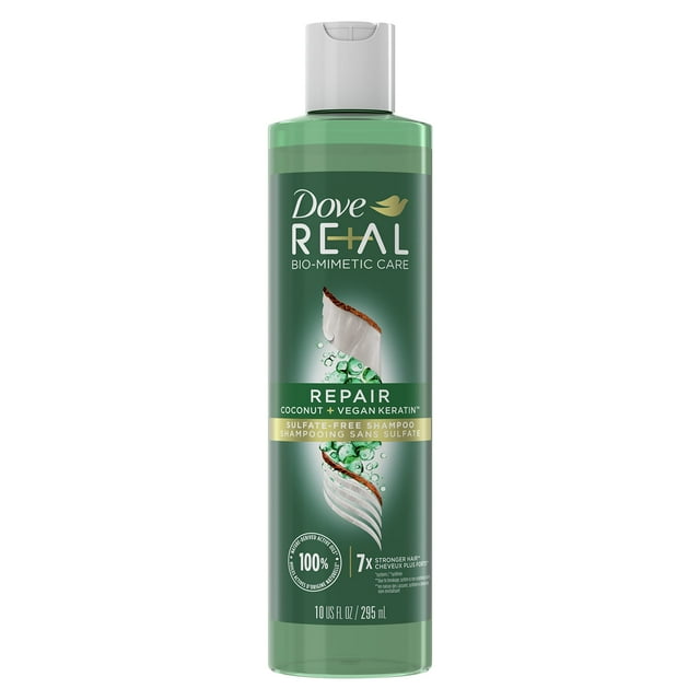 Dove RE+AL Champú de cuidado biomimético para reparación de cabello dañado Coco + Champú de coco sin sulfato de queratina vegana 10 oz