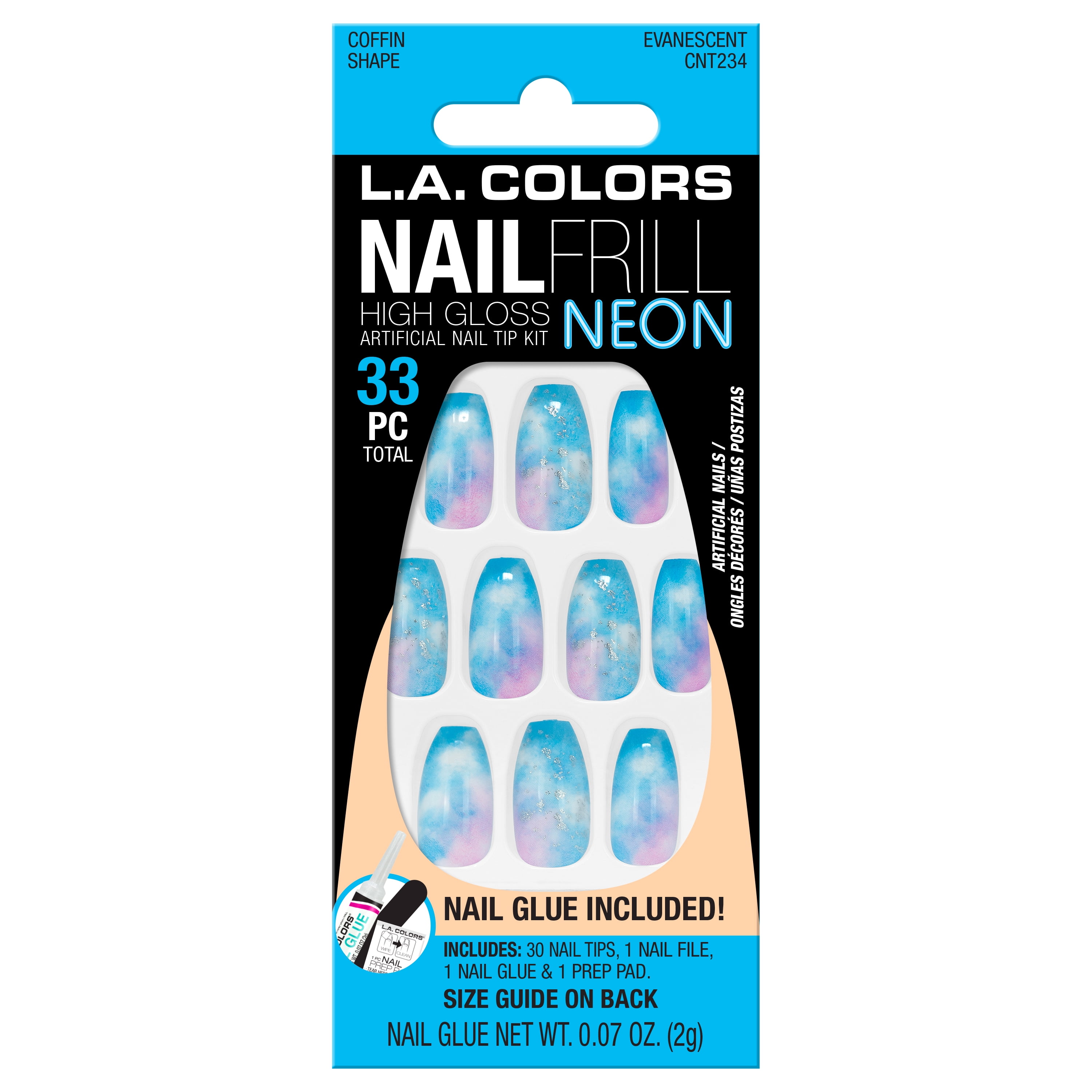 L.A. Colors Neon Nail Frill Nail Tips, Evanescent, 33 Pieces