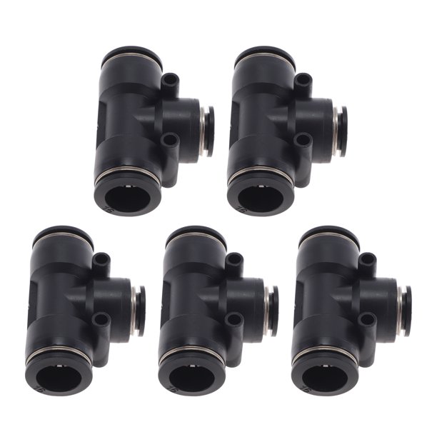 Conectores de aire de empuje Unique Bargains 5/8"x1/2"x5/8" en forma de T, 5 piezas de plástico tono negro y plateado