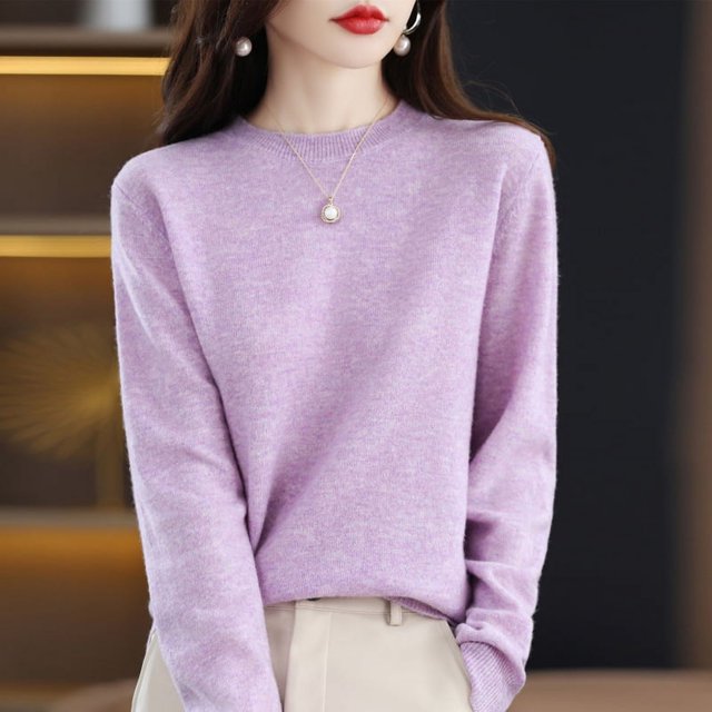 Suéter de cachemira pura de otoño e invierno para mujer, jersey corto de cuello redondo, jersey de manga larga de lana de tubo recto, suéter versátil