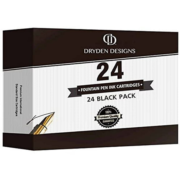 Dryden Designs Fountain Pen Ink Cartridges - SET OF 24 BLACK INK CARTRIDGES - Short International Standard Size - Disposable and Generic Ink Refill Cartridges - Perfect for Calligraphy