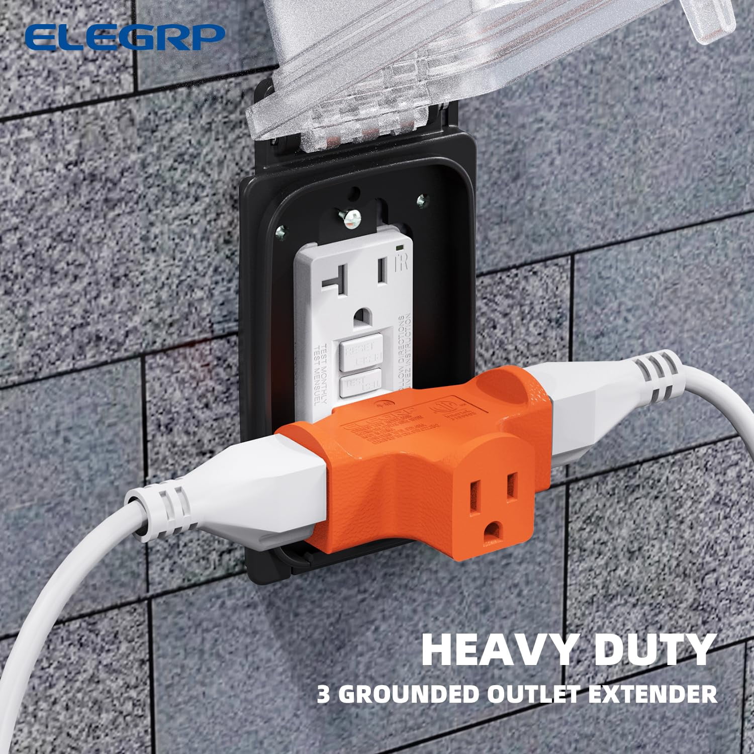 3-Prong Heavy Duty Power Extender to Triple Outlet in T Direction, Multi-Directional Grounded Wall Tap Outlet Extender with 3 Prong Plug-in, 15-Amp, 125-Volt, ETL Listed, 2 Pack, Orange