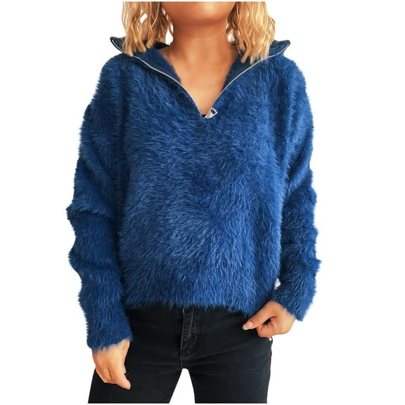 Women's Half Zip Fluffy Fuzzy Sweatshirt, Loose Stand Collar Long Sleeve Trendy Soft Pullover Crop Sweater Outerwear