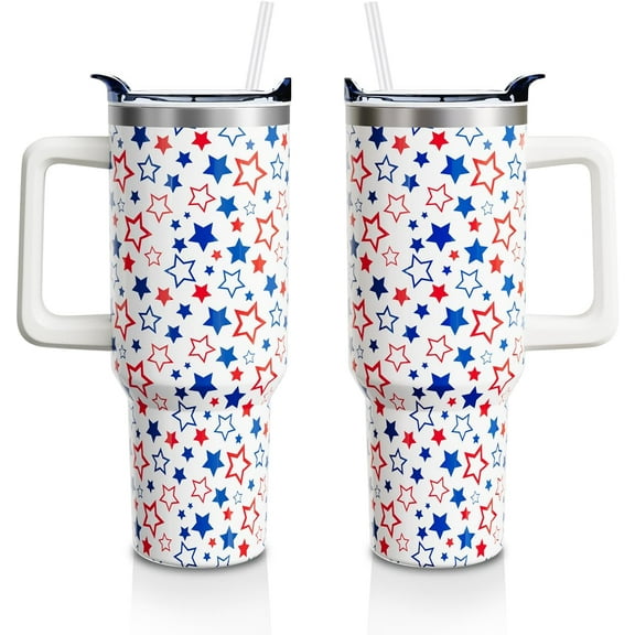 4th of July 40oz Tumbler - Stainless Steel Insulated Cup with Handle & Straw, Patriotic Red White Blue Stars Gift for Women and Men