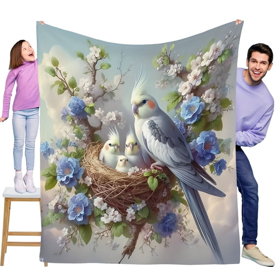 Charming Beautiful Floral Birdhouse With Birds Print Flannel Blanket Soft Warm Cozy Skin-friendly Blanket For Sofa Bed Car Camping Office Home Decor Gift Blanket For All Seasons-Knit Fabric