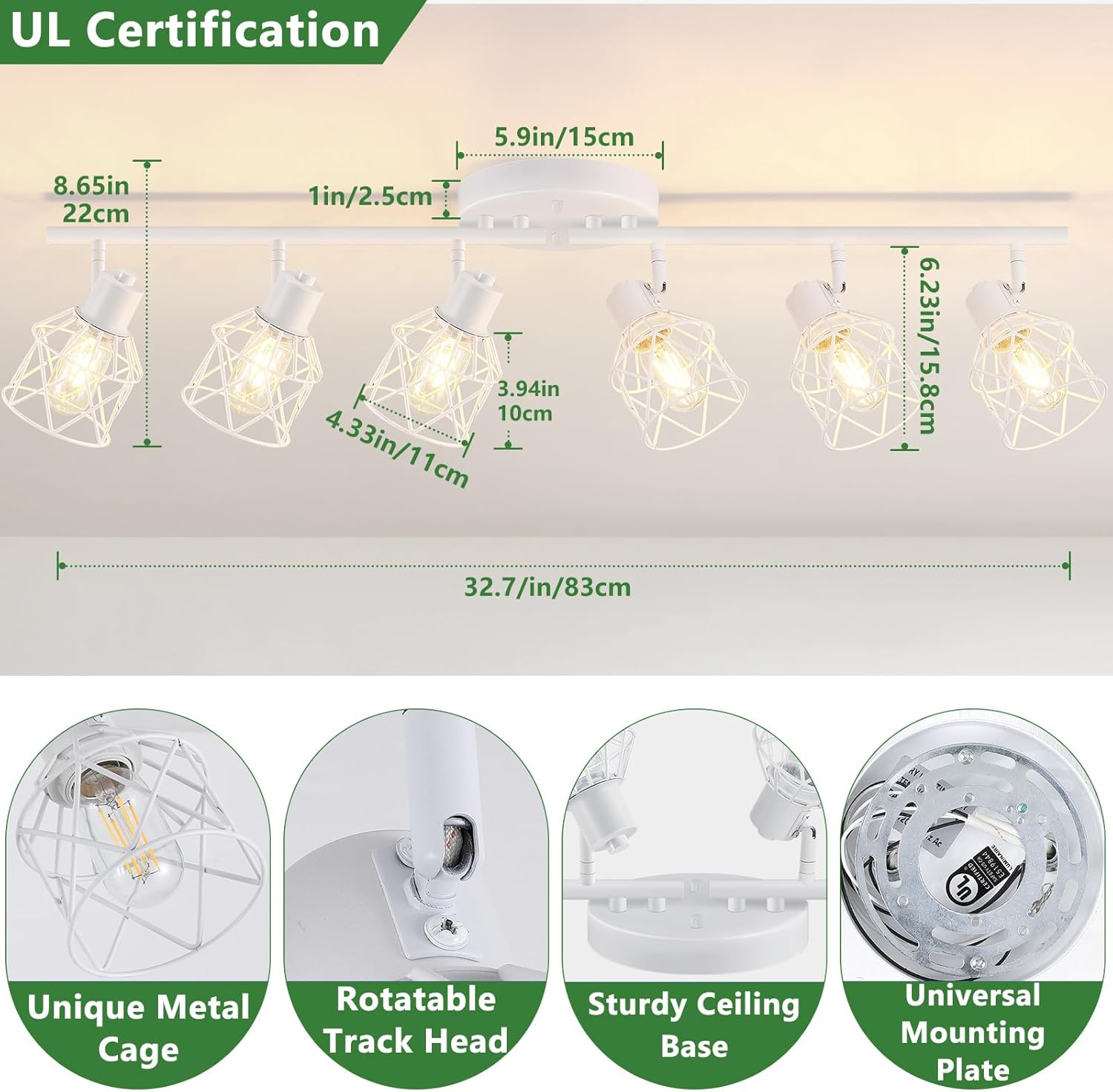 6-Lights Track Lighting Fixtures White Semi Flush Mount Ceiling Light with Metal Cage Kitchen Track Lighting Fixtures Ceiling Rotatable Close to Ceiling lamp for Entryway, Living Room, Hallw