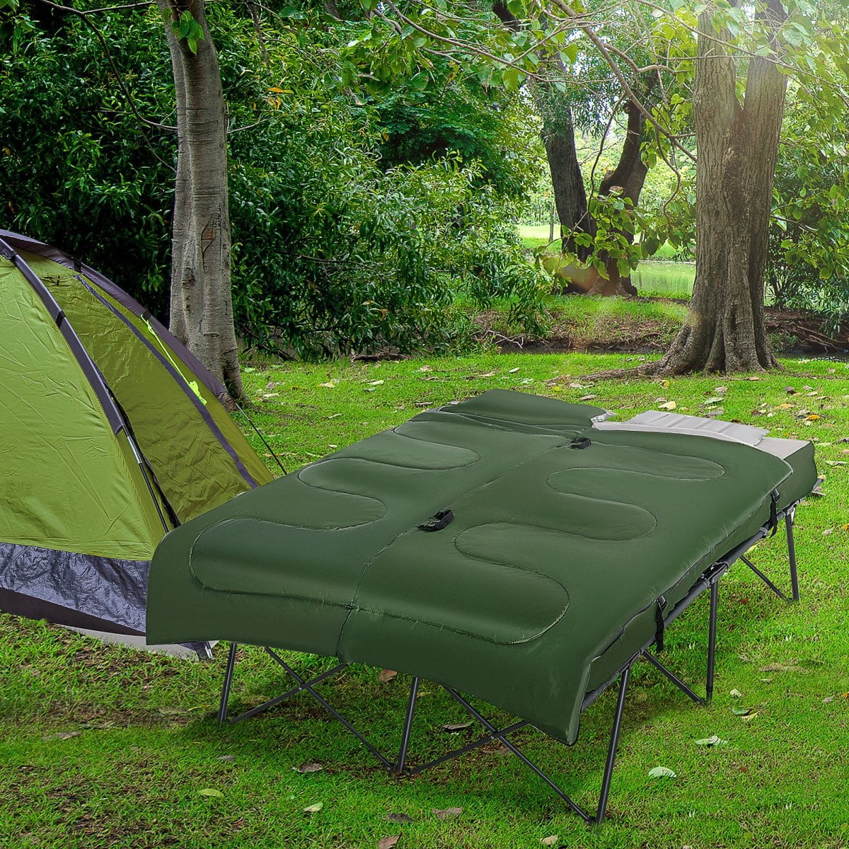 2-Person Folding Camping Cot Portable Outdoor Bed Set with Sleeping Bag, Inflatable Air Mattress, Comfort Pillows and Carry Bag, Soft and Comfortable for Outdoor Travel Camp Beach Vacation BN.8457