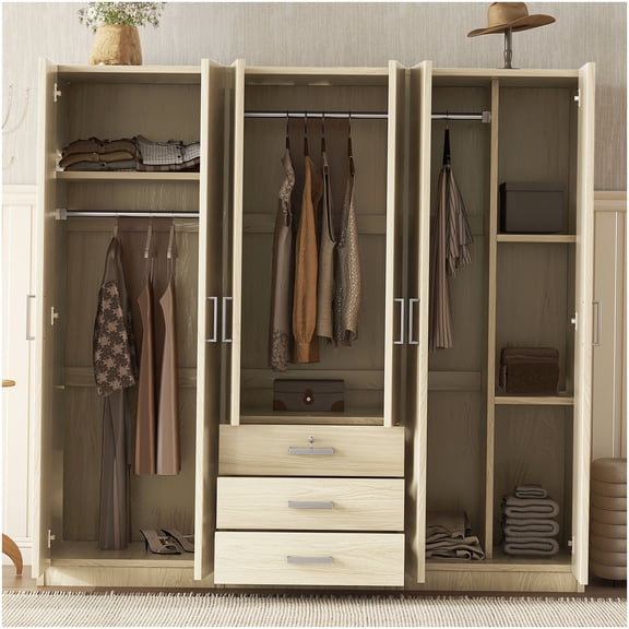 Brown Plywood Wardrobe with 6 Doors and Locking Drawers, Bedroom Storage Organization