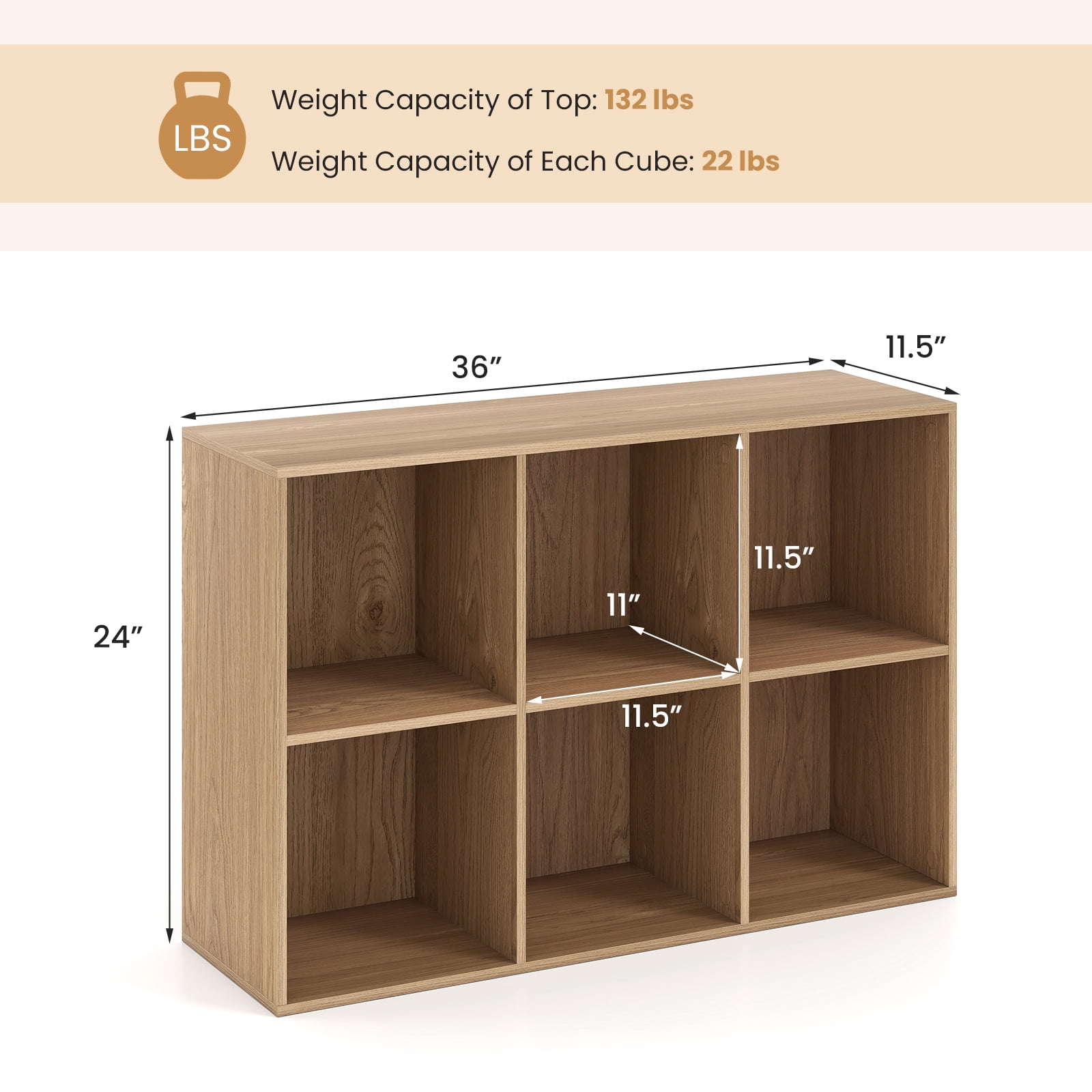 Costway 6-Cube Bookcase Modern 3-Tier Storage Organizer Horizontal Vertical Bookshelf Natural