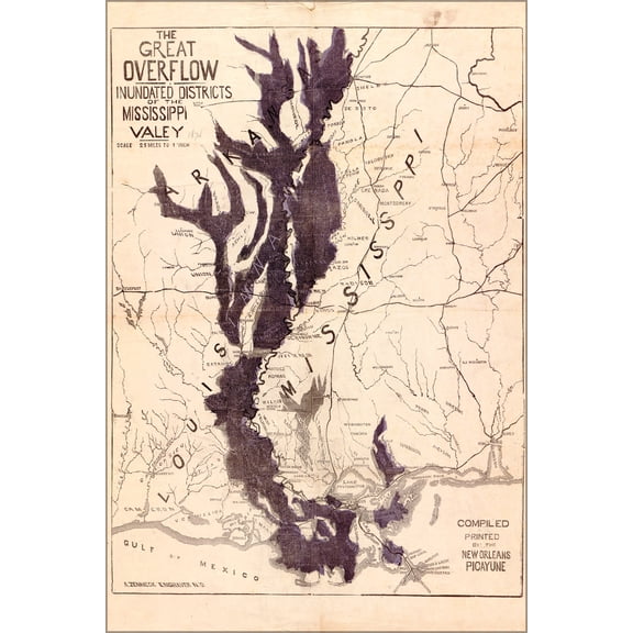 24"x36" Gallery Poster, map flooded areas Mississippi river valley 1874