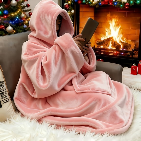 Soft Flannel Hooded Blanket with Oversized Pocket Fleece Lined Wearable Blanket for Adults Cozy Winter Wear Black Modern Washable Christmas Gift