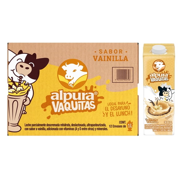 Alpura Vaquitas Leche 100% de Vaca sabor vainilla adicionada con 10 Vitaminas y minerales en Paquete de 12 piezas de 1Lt cada una. Leche deslactosada fuente de proteína con delicioso sabor