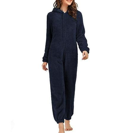 

Younar Fleece Hooded Pajamas Women Super Warm Plush Fleece Bear Ear Shape Hooded One-Piece Pajamas for Winter Autumn Sleepwear Homewear Pajamas Party Simple Solid Color S-XXL Size positive
