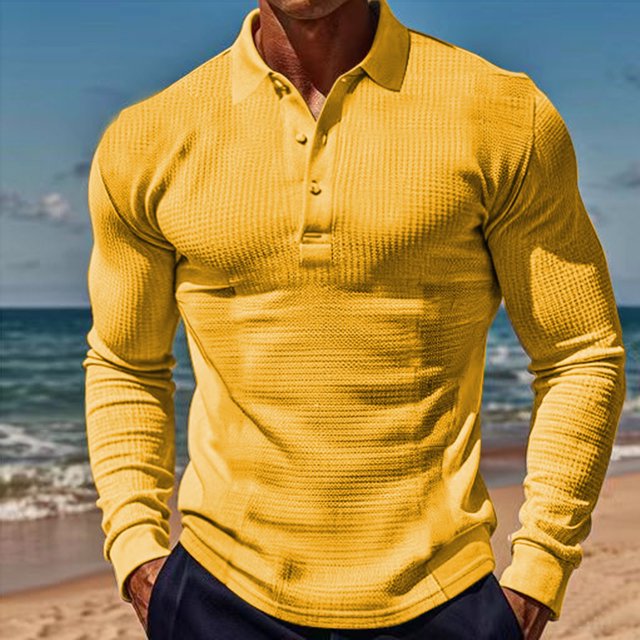Camisa y blusa de manga larga con cuello vuelto para hombre, color liso, con solapa y botones, ideal para cultivar la integridad moral. Camisa de manga larga para hombre, estilo gofre.