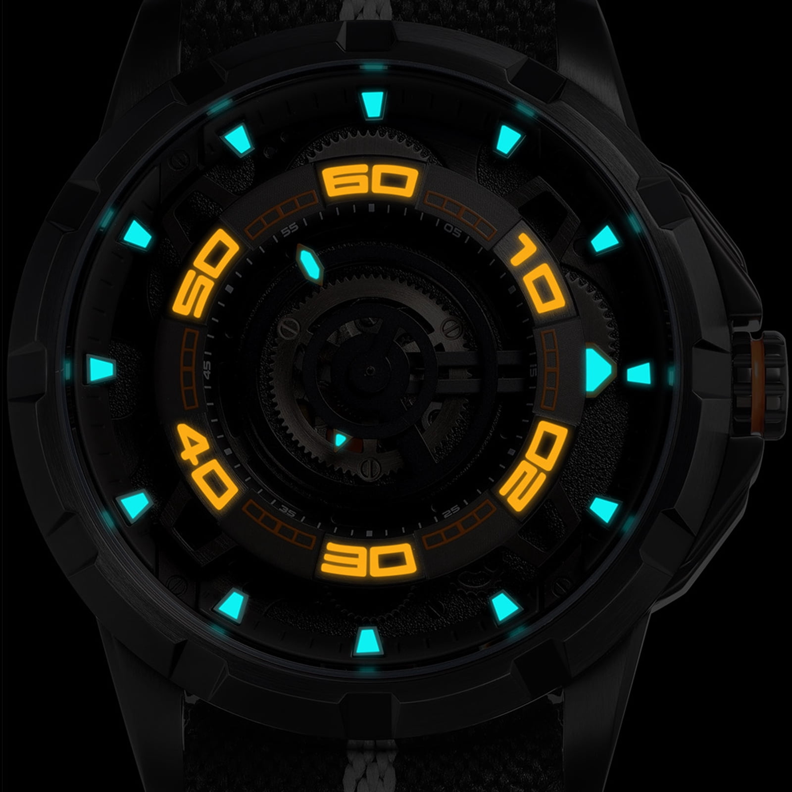 BERNY Mens Skeleton Automatic Watch, Luxury Fashion Self Winding Mechanical Watch with Nylon Strap, Exhibition Caseback, Sapphire Crystal, Luminous 50M Waterproof Watches for Mens Gifts (Black)