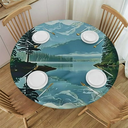 

Ullo0ord River Round Fitted Tablecloth with Elastic Edge Idyllic Mountain Pine Trees Print Polyester Table Cloth Fit Round Tables up Diameter for Restaurant Picnic Indoor and Outdoor Dining 42-46