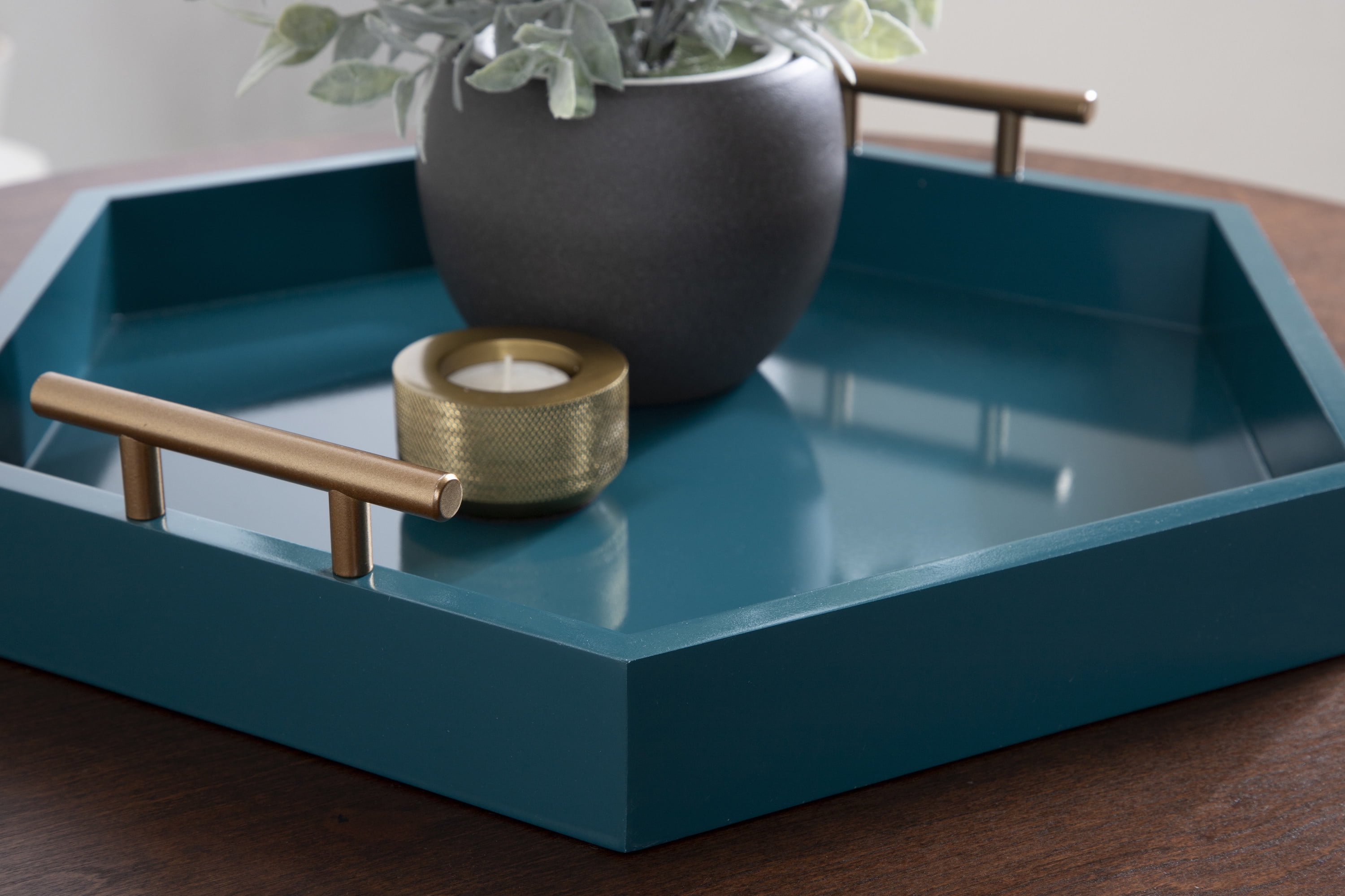 Kate and Laurel Lipton Modern Hexagon Tray, 18 x 18, Teal, Midcentury Decorative Serving Tray for Storage and Display