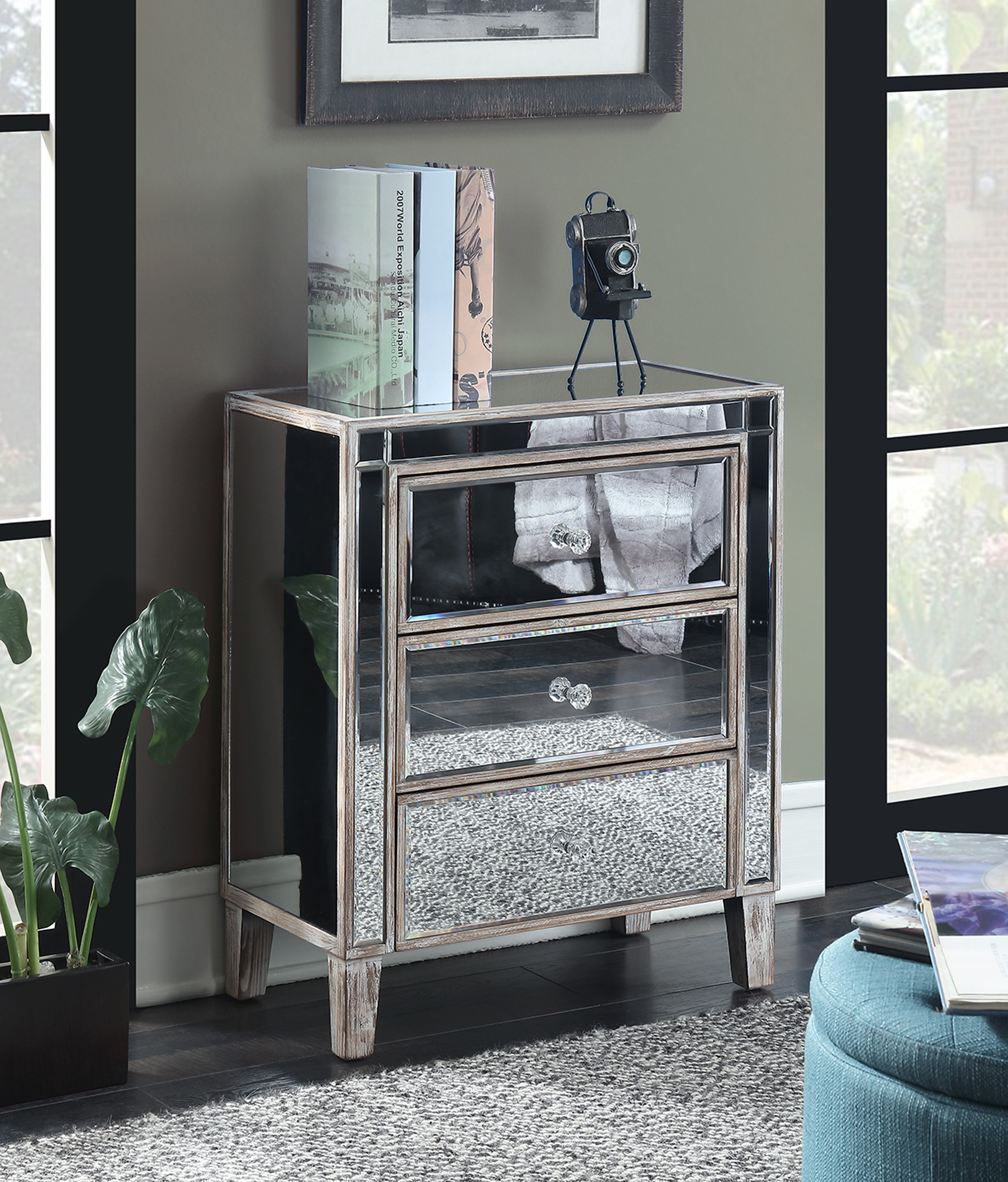Convenience Concepts Gold Coast Large 3 Drawer Mirrored End Table, Multiple Finishes