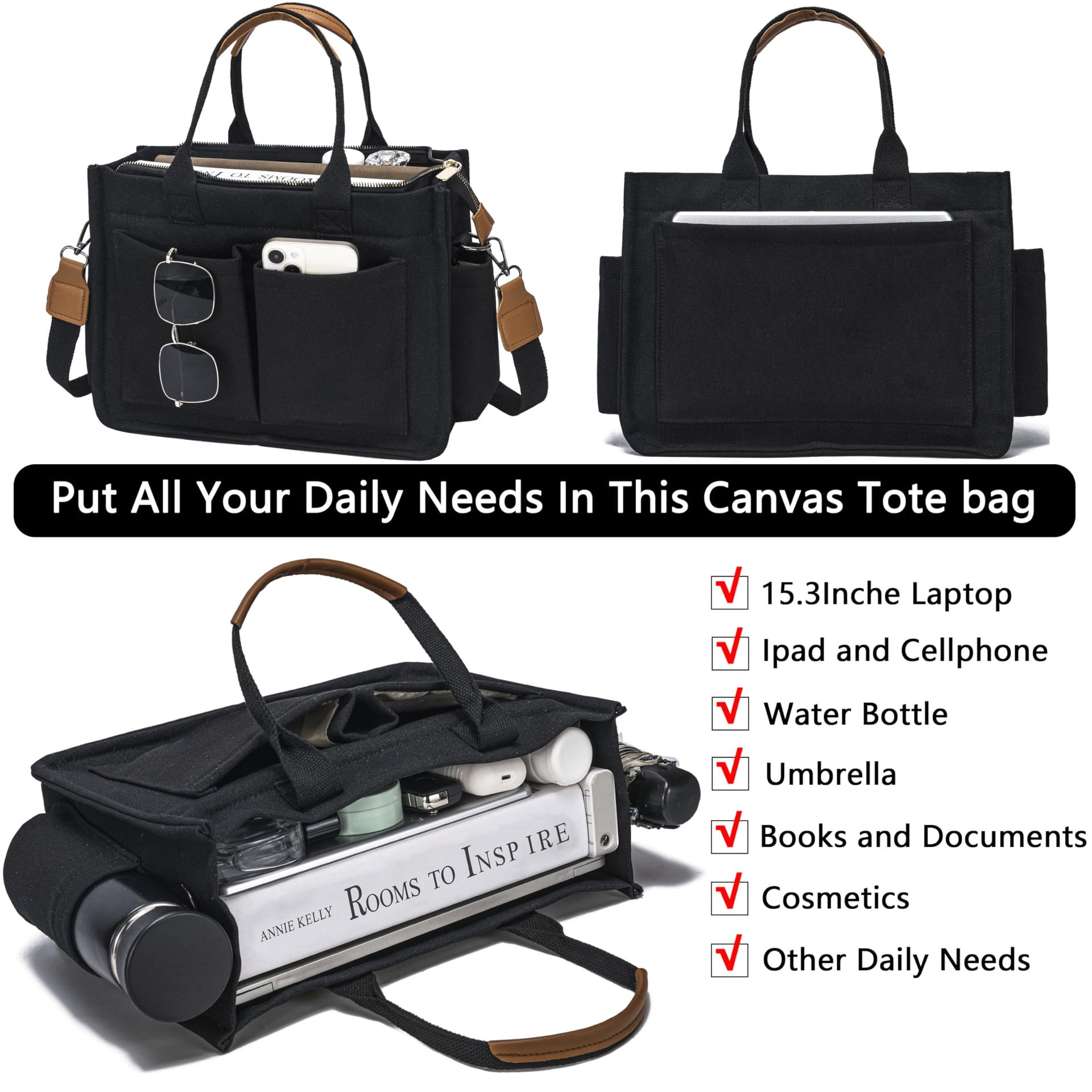 Tote Bag for Women Work - Everyday Bag with Pockets Crossbody Nursing Bag for Work Travel Nurse Gift-black