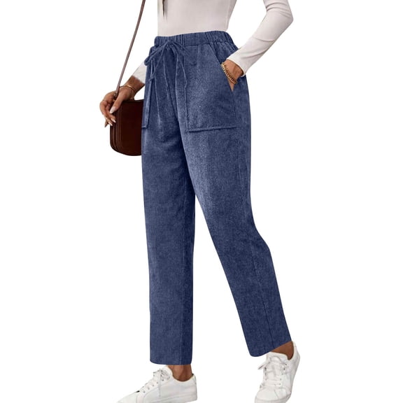 WULMLEO Ribbed Corduroy Pants Women Comfy Elastic High Waisted Straight Leg Pants with Pockets Pull On Work Trousers Slacks Navy 3XL