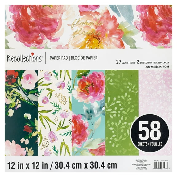 58 Sheets 12" x 12" Florals Paper Pad by Recollections - Acid Free Paper for Scrapbooks - Invitations - Greeting Cards - and Arts & Crafts - 1 Pack