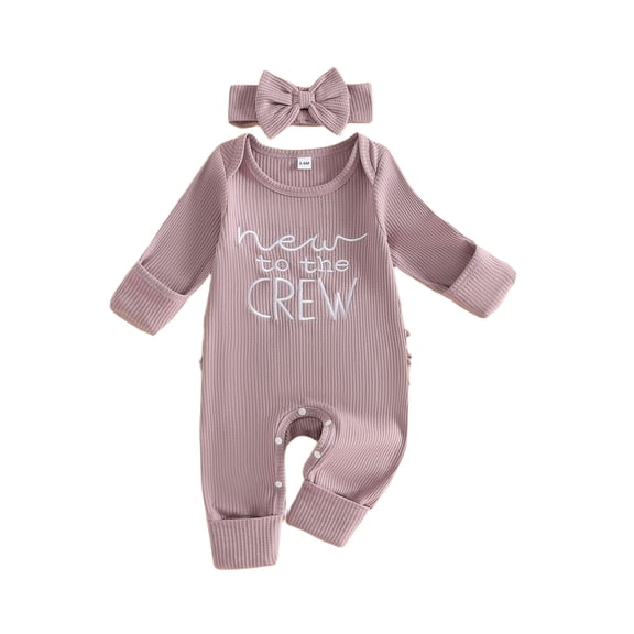 Cjfdfy Newborn Baby Girl Fall Outfit New To The Crew Romper Ribbed Waffle Knit Long Sleeve Bodysuit And Headband Set Preemie Cute Coming Home Fall Winter Outfit