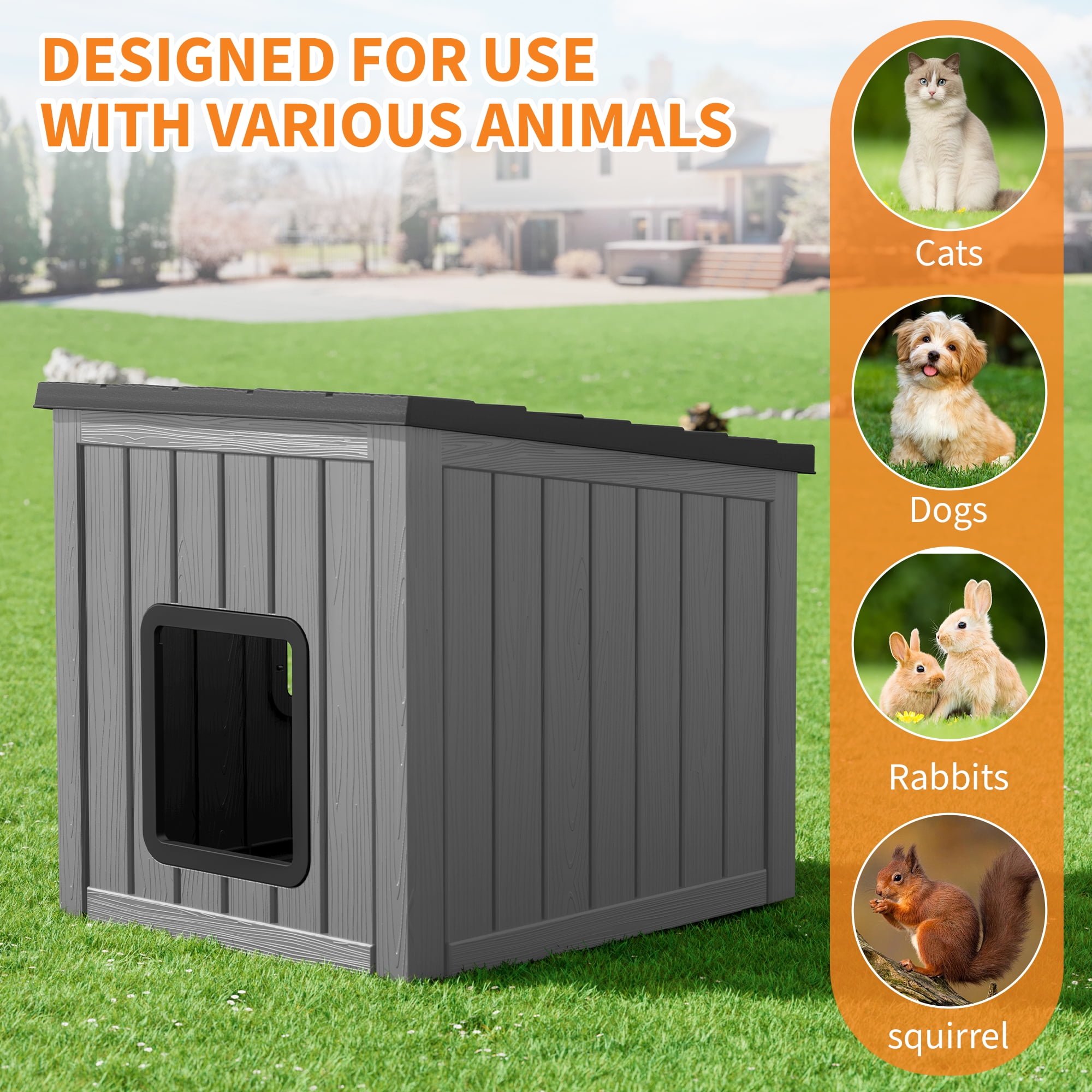 LHBcraft Outdoor Cat House,Durable Insulated PP Shelter for Feral Kittens,Weatherproof Shelter for Garden,Gray & Black
