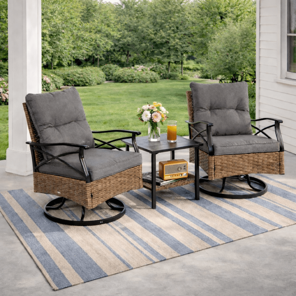 Patio Furniture Set, 3 Pieces Outdoor Swivel Rocker Chairs Set of 2, Rattan Wicker Conversation Set with 2 Rocking Swivel Chairs & Side Table, 360° Rotation Deep Seating for Porch Backyard Deck