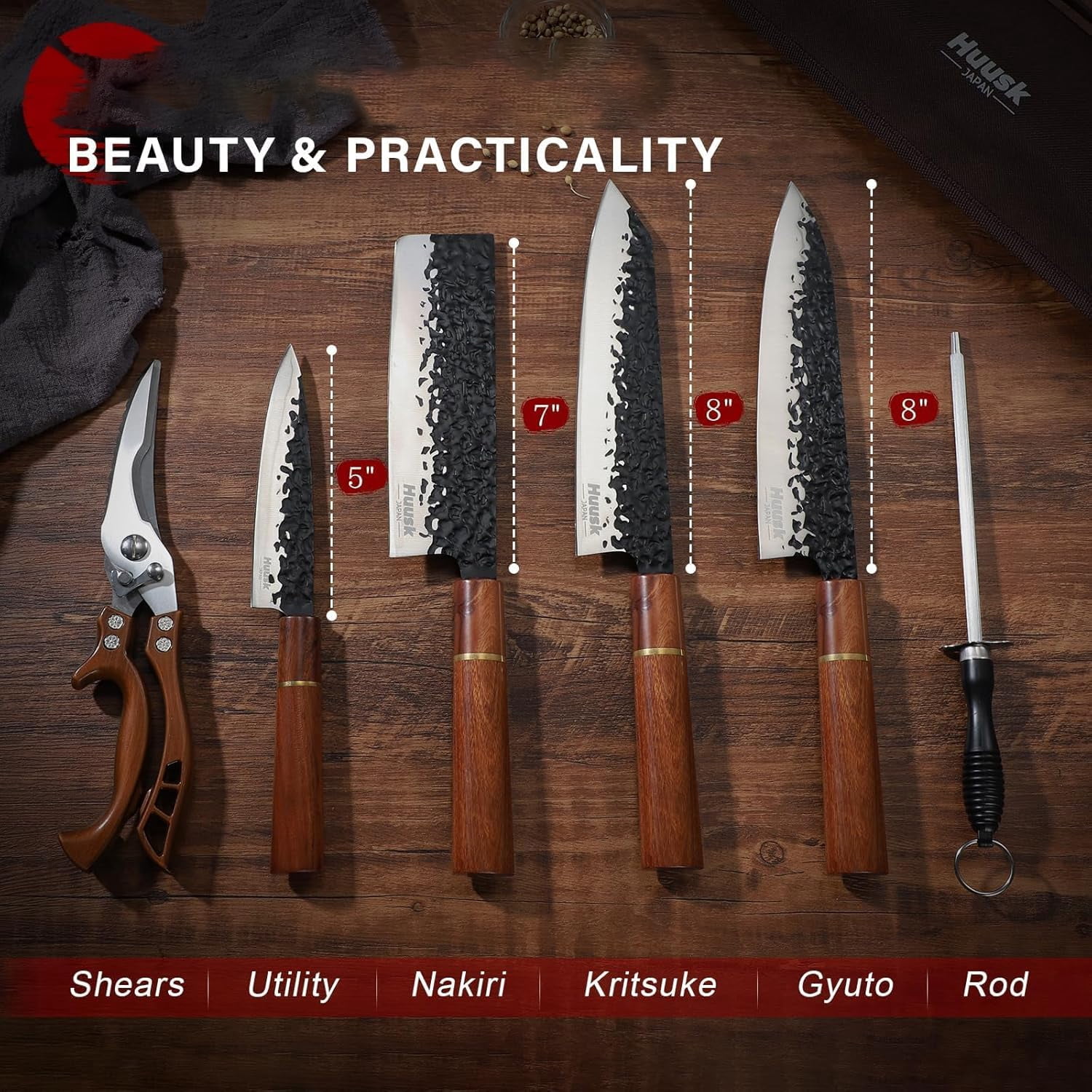 Huusk 6pcs  Knife Set with Covers - Professional Chef Knife Set with Bag & Sharpener, High Carbon Steel Forged Knives Sets with Scissors, Gifts for Men and Friend