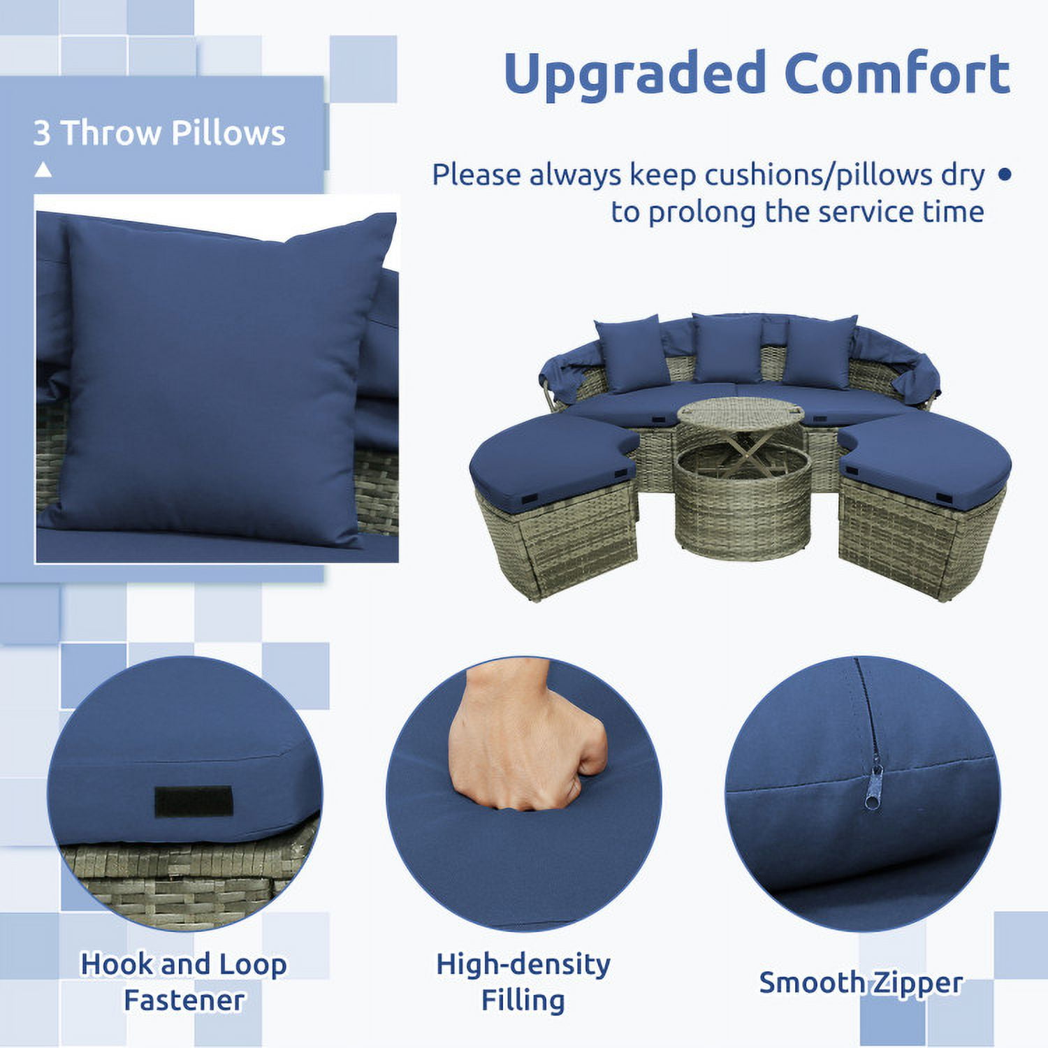 Aimee Lii Outdoor PE Wicker Round Daybed with Retractable Canopy and Cushions, Outdoor Patio Set, Navy