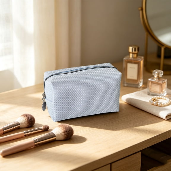 Woven Cosmetic Pouch Travel Wash Bag | Light Blue, Spacious Zipper Toiletry Organizer | Soft Fabric Makeup Brush Case | Purse, Vanity, Gym Storage