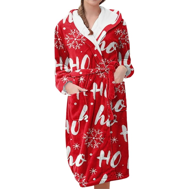 Women's Fleece Plush Robe Long Warm Plush Bathrobe Loungewear Jacket Printed Comfort Robe