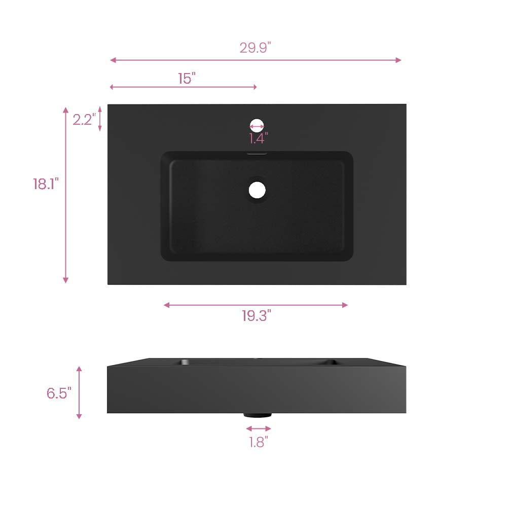 CITTANEO 30 inch matt black Integrated engineered quartz sink - Vessel Bathroom Vanity Basin Without Drain and Faucet