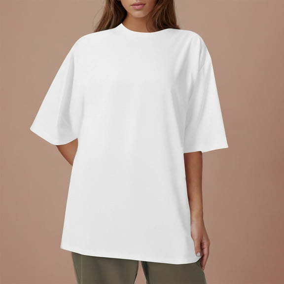 Chbgutlmr Oversized Tshirts for Women Solid Color Crewneck Drop Shoulder Loose Basic Tees Shirts Tops