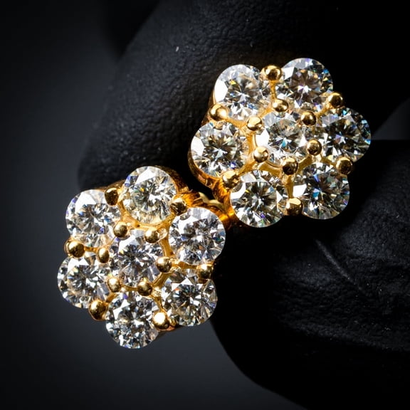 Large Flower Cluster 14k Yellow Gold Plated 925 Sterling Silver Screw Back Post Hip Hop  Circle Earrings