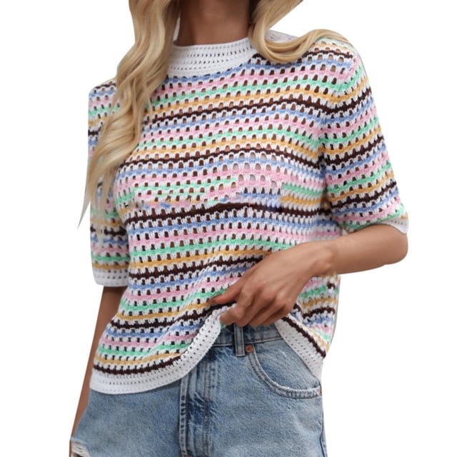 WEAIXIMIUNG Chemises à Manches Courtes pour Femmes Ensemble Couture Tricot Ajouré Ample Col Rond Rayé