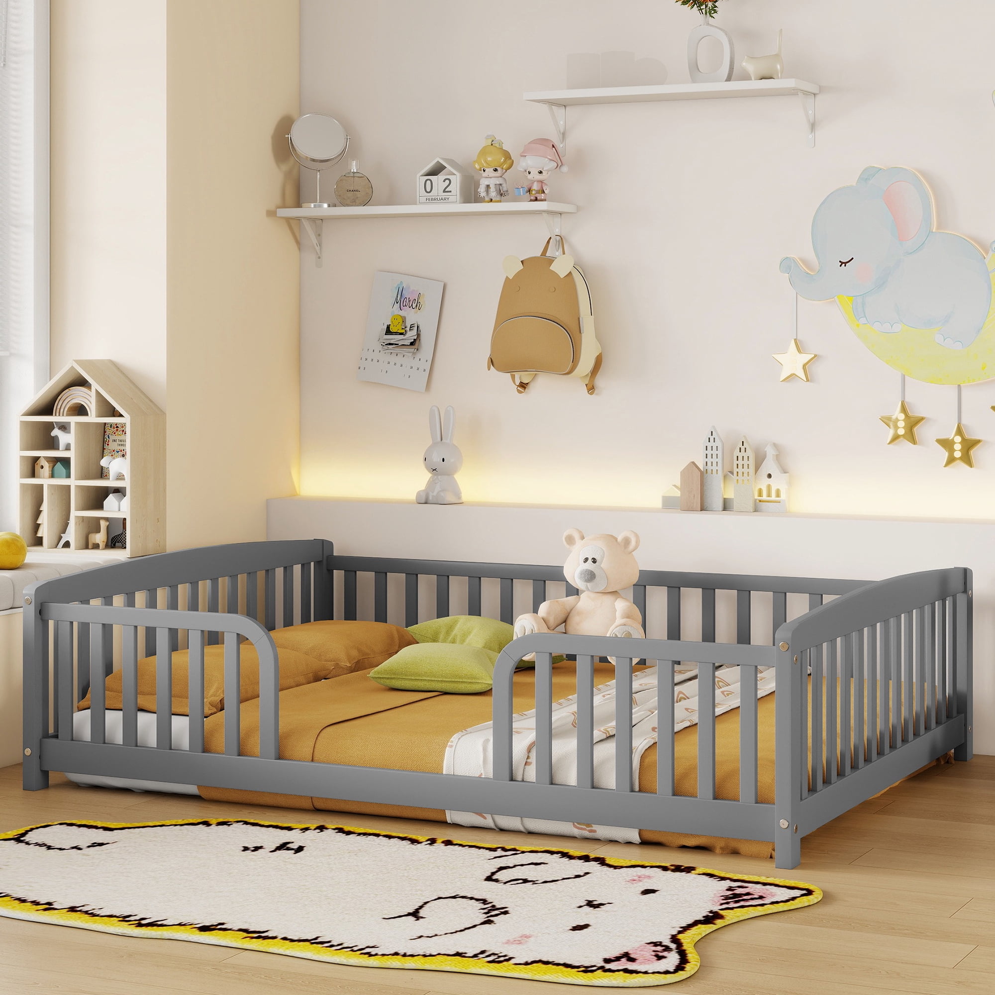 Jopath Full Size Floor Fence Bed with Central Entrance,Pine Wood Floor bed with Guardrails for Boys Girls Grey