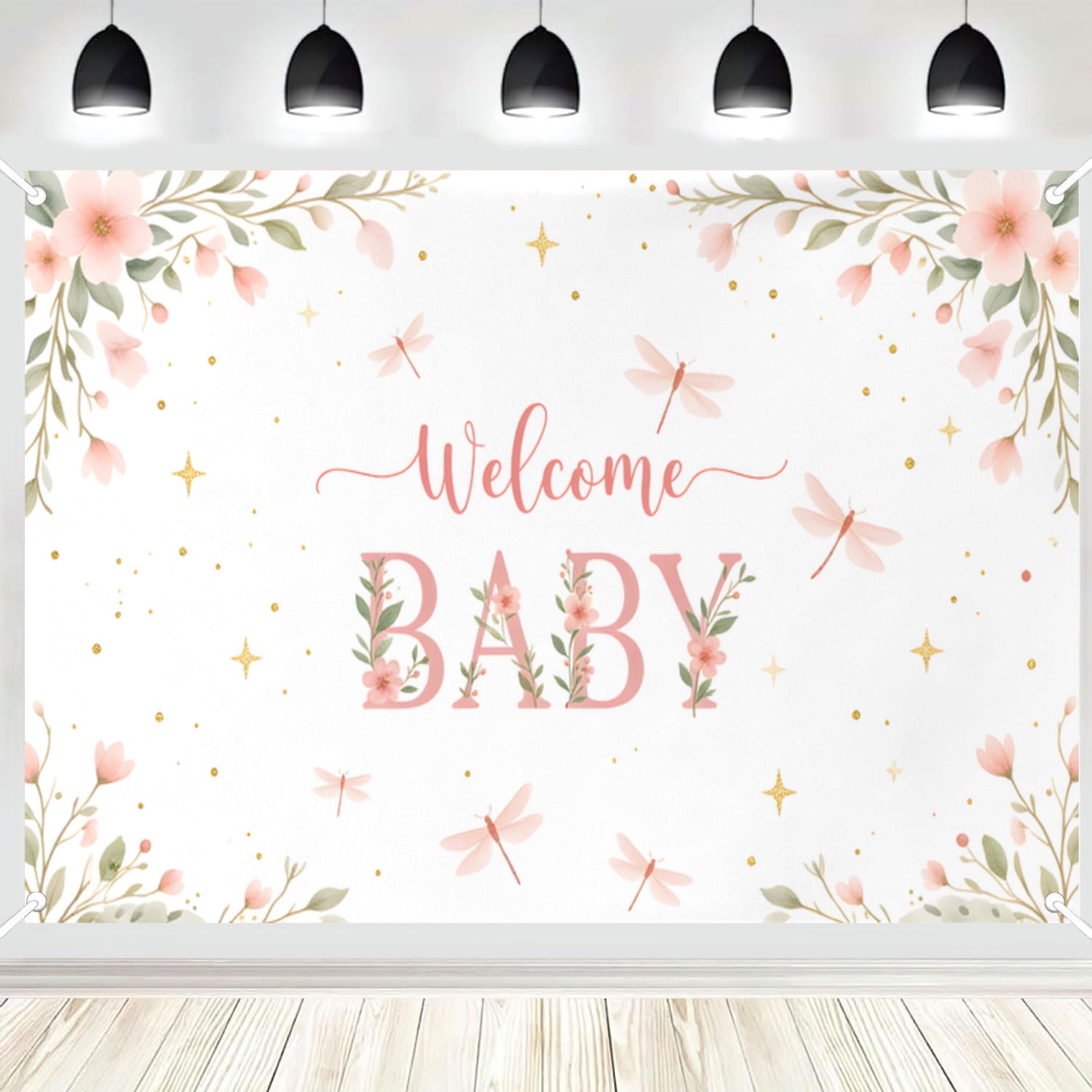 Pink Floral Dragonfly Welcome Baby Shower Backdrop Watercolor Flower Party Photo Booth Banner 3x5ft