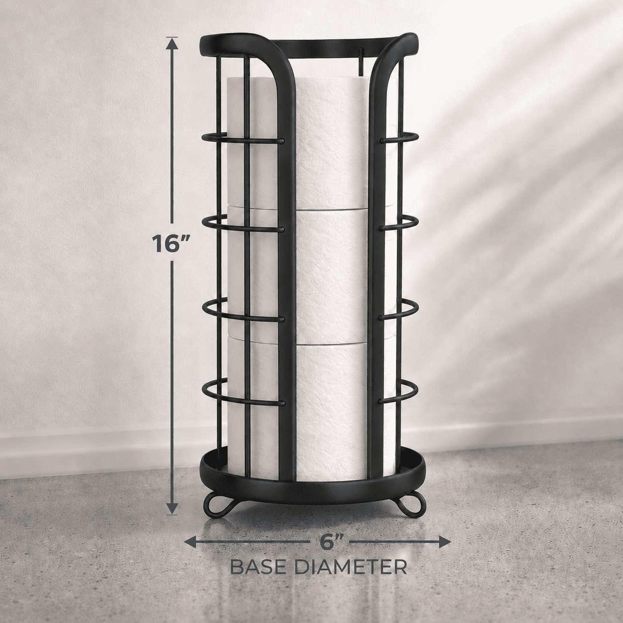 Brookstone Freestanding Toilet Paper Holder Stand, Raised Base, Matte Black