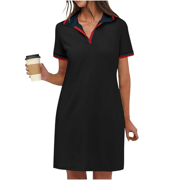 LOVZFMLL Polo Dress for Women Summer Casual V Neck Short Sleeve Flowy Contrast Color Shift T-Shirt Dresses with Pockets Black A L